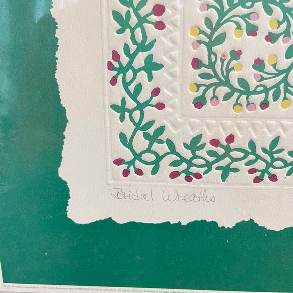 Signed Judy Swerlick Floral Quilt Design Embossed Artwork In Green Mat 18"x18" - Picture 4 of 10